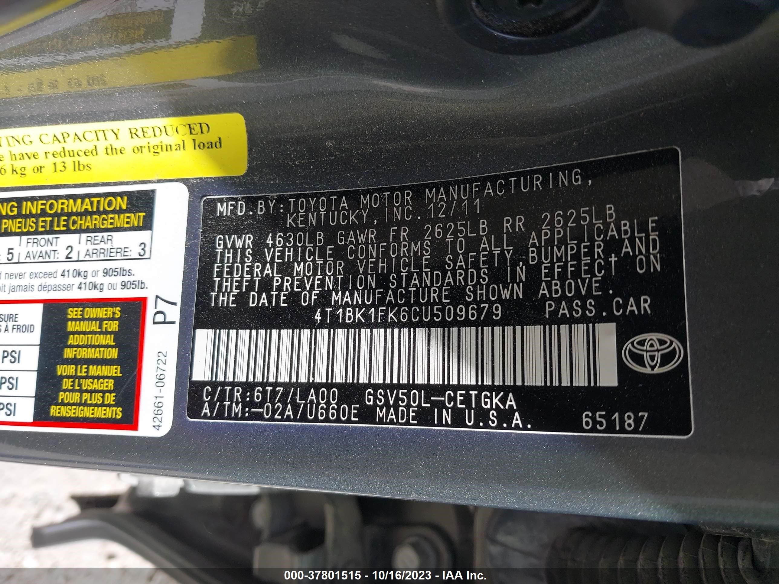 Photo 8 VIN: 4T1BK1FK6CU509679 - TOYOTA CAMRY 