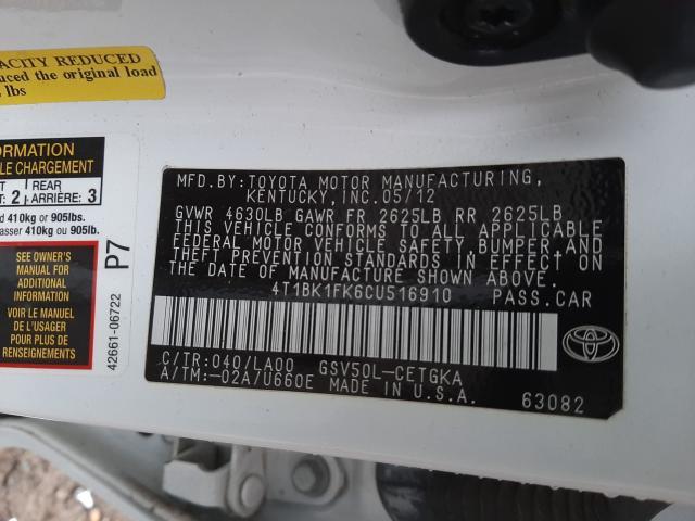 Photo 9 VIN: 4T1BK1FK6CU516910 - TOYOTA CAMRY SE 