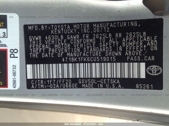 Photo 8 VIN: 4T1BK1FK6CU519015 - TOYOTA CAMRY 