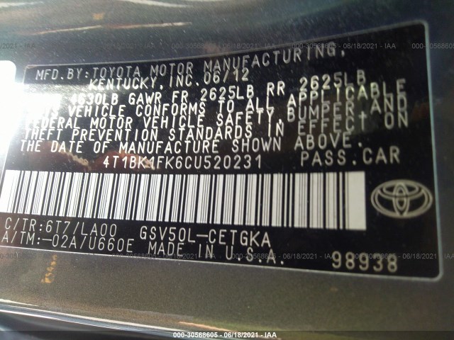 Photo 8 VIN: 4T1BK1FK6CU520231 - TOYOTA CAMRY 