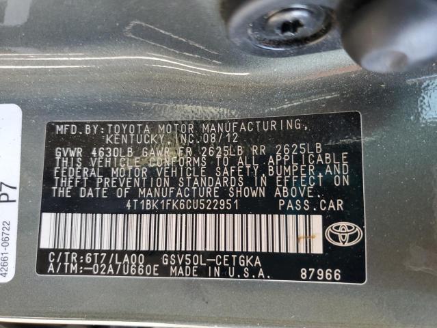 Photo 11 VIN: 4T1BK1FK6CU522951 - TOYOTA CAMRY SE 