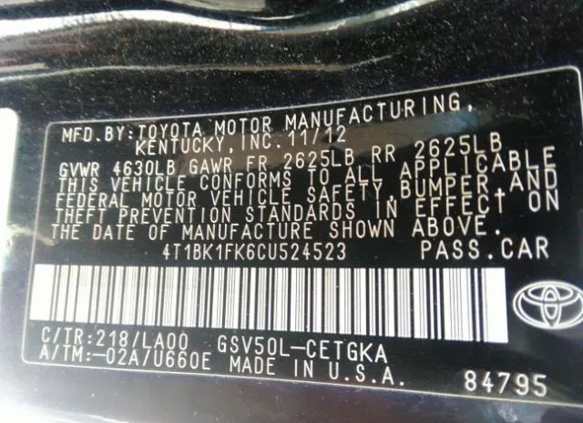 Photo 8 VIN: 4T1BK1FK6CU524523 - TOYOTA CAMRY 