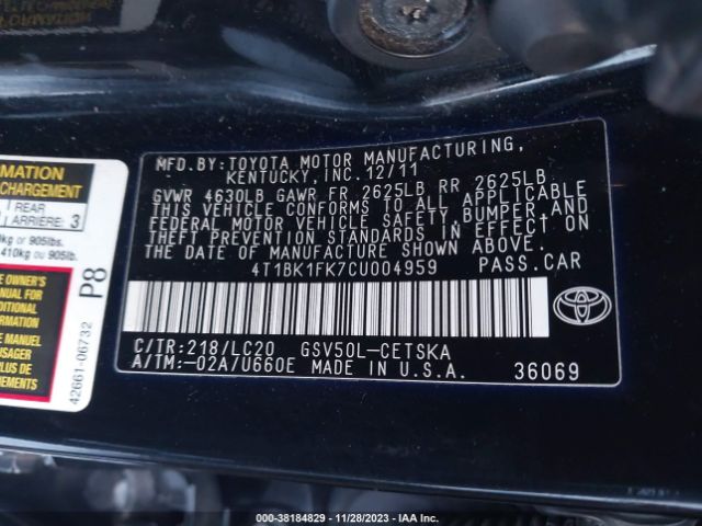 Photo 8 VIN: 4T1BK1FK7CU004959 - TOYOTA CAMRY 