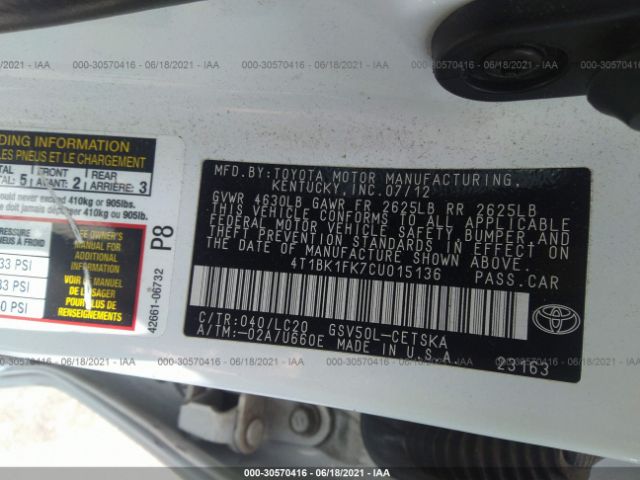 Photo 8 VIN: 4T1BK1FK7CU015136 - TOYOTA CAMRY 