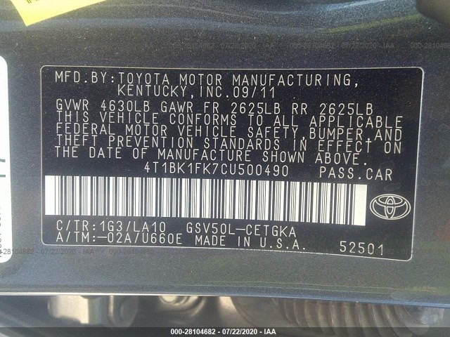 Photo 8 VIN: 4T1BK1FK7CU500490 - TOYOTA CAMRY 