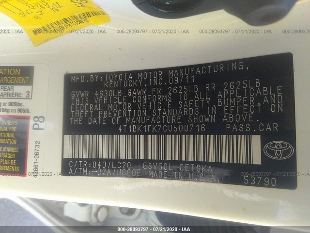 Photo 8 VIN: 4T1BK1FK7CU500716 - TOYOTA CAMRY 