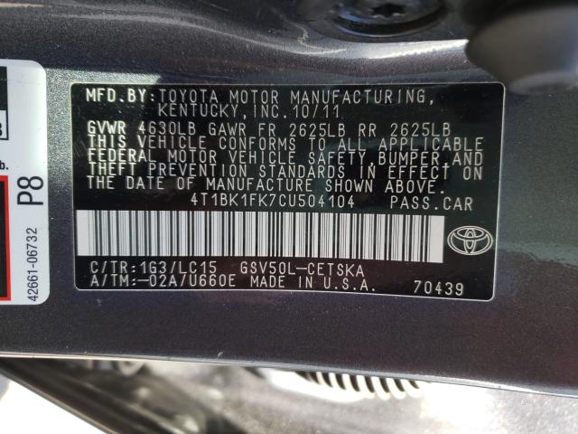 Photo 9 VIN: 4T1BK1FK7CU504104 - TOYOTA CAMRY SE 