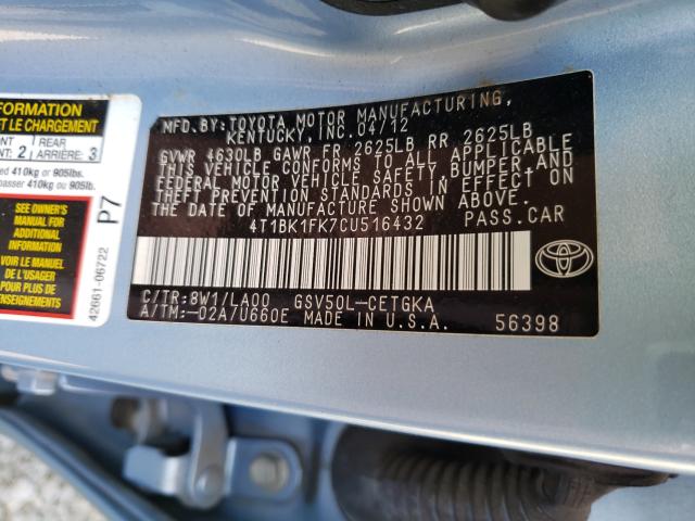 Photo 9 VIN: 4T1BK1FK7CU516432 - TOYOTA CAMRY SE 