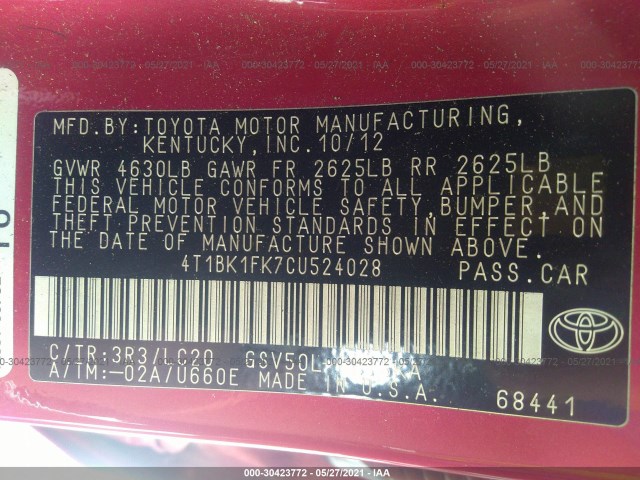 Photo 8 VIN: 4T1BK1FK7CU524028 - TOYOTA CAMRY 