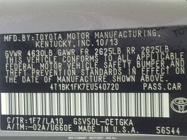 Photo 8 VIN: 4T1BK1FK7EU540720 - TOYOTA CAMRY 