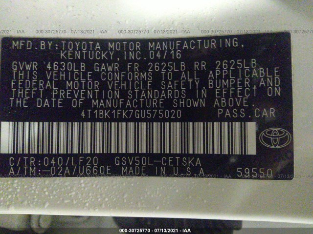 Photo 8 VIN: 4T1BK1FK7GU575020 - TOYOTA CAMRY 