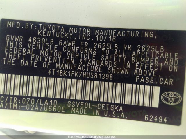 Photo 8 VIN: 4T1BK1FK7HU581398 - TOYOTA CAMRY 