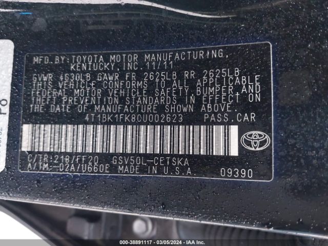 Photo 8 VIN: 4T1BK1FK8CU002623 - TOYOTA CAMRY 