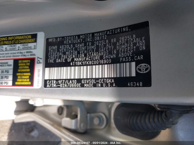 Photo 8 VIN: 4T1BK1FK8CU016909 - TOYOTA CAMRY 