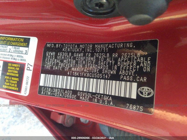 Photo 8 VIN: 4T1BK1FK8CU505147 - TOYOTA CAMRY 