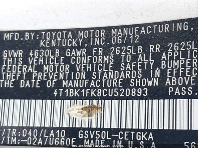 Photo 8 VIN: 4T1BK1FK8CU520893 - TOYOTA CAMRY 