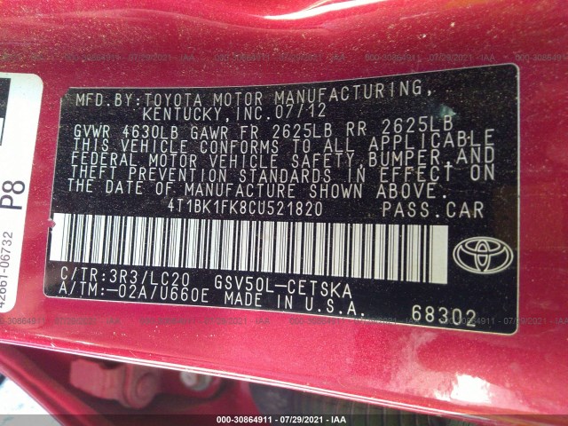 Photo 8 VIN: 4T1BK1FK8CU521820 - TOYOTA CAMRY 