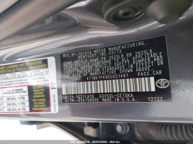 Photo 8 VIN: 4T1BK1FK8DU021481 - TOYOTA CAMRY 