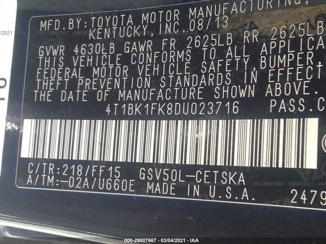 Photo 8 VIN: 4T1BK1FK8DU023716 - TOYOTA CAMRY 