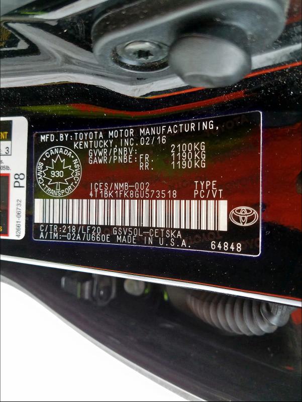 Photo 9 VIN: 4T1BK1FK8GU573518 - TOYOTA CAMRY XSE 