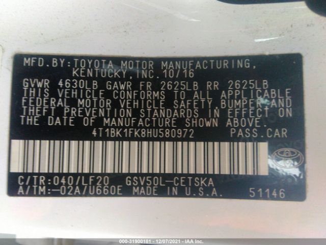 Photo 8 VIN: 4T1BK1FK8HU580972 - TOYOTA CAMRY 