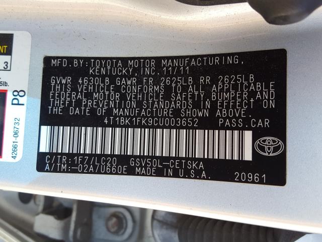 Photo 9 VIN: 4T1BK1FK9CU003652 - TOYOTA CAMRY SE 