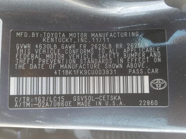 Photo 9 VIN: 4T1BK1FK9CU003831 - TOYOTA CAMRY SE 