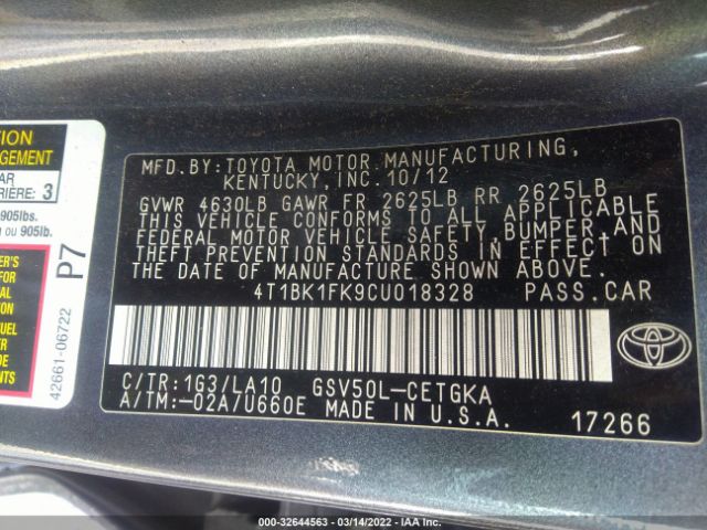 Photo 8 VIN: 4T1BK1FK9CU018328 - TOYOTA CAMRY 