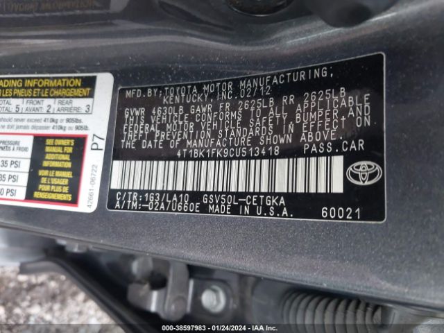 Photo 8 VIN: 4T1BK1FK9CU513418 - TOYOTA CAMRY 