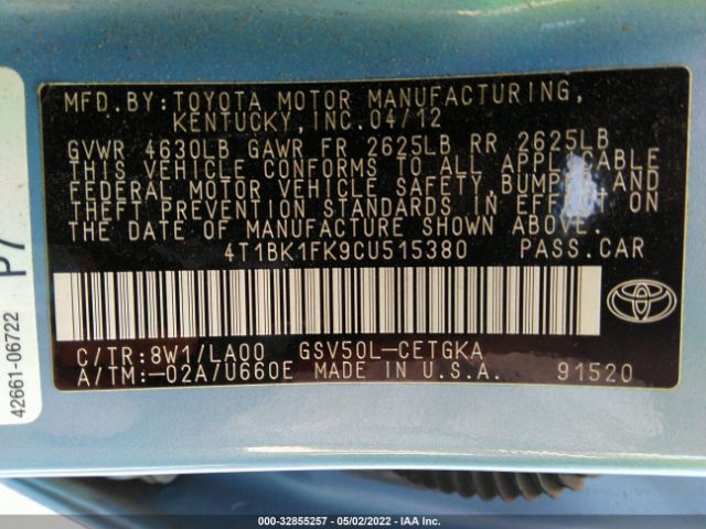 Photo 8 VIN: 4T1BK1FK9CU515380 - TOYOTA CAMRY 