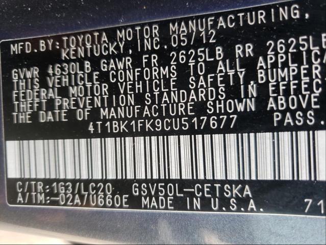 Photo 9 VIN: 4T1BK1FK9CU517677 - TOYOTA CAMRY SE 