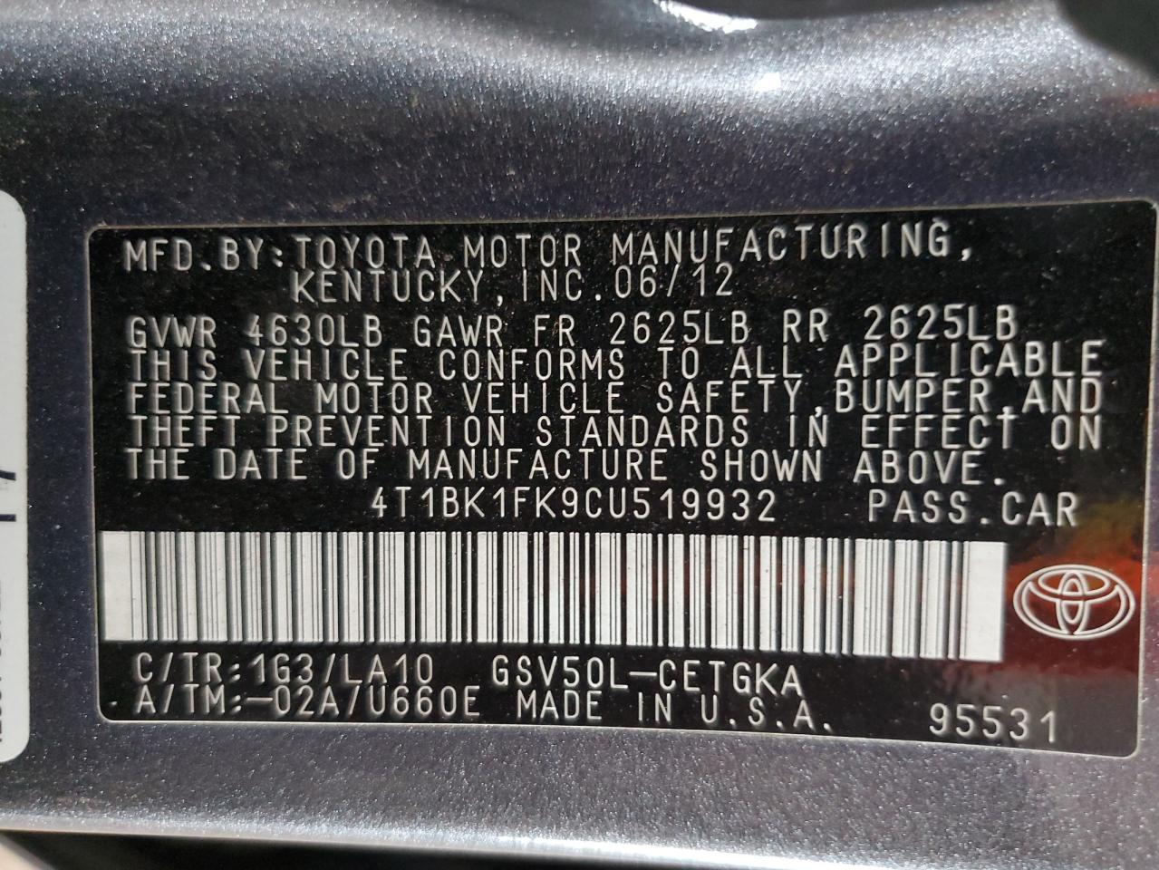 Photo 12 VIN: 4T1BK1FK9CU519932 - TOYOTA CAMRY 