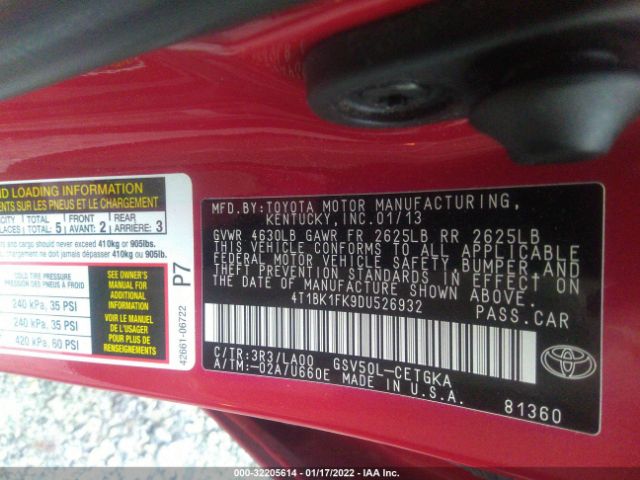 Photo 8 VIN: 4T1BK1FK9DU526932 - TOYOTA CAMRY 