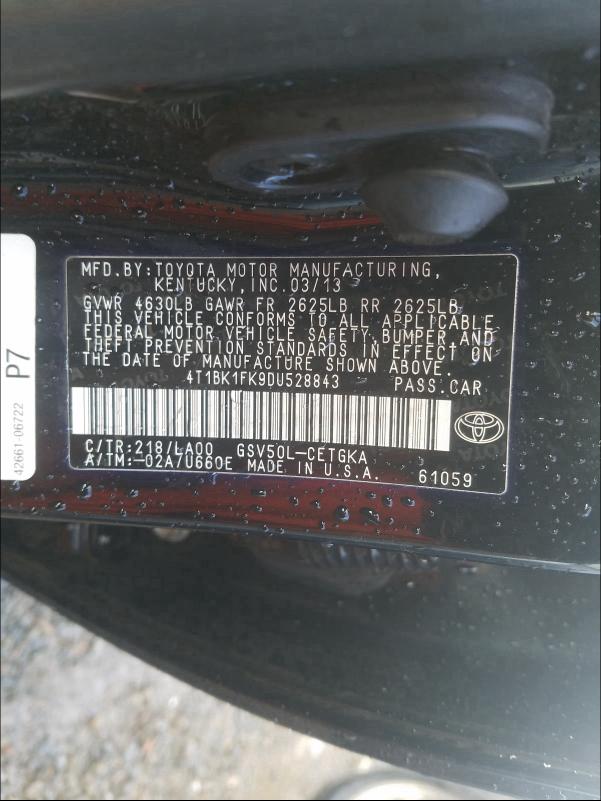 Photo 9 VIN: 4T1BK1FK9DU528843 - TOYOTA CAMRY SE 