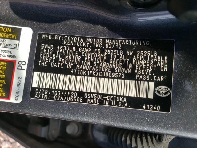 Photo 9 VIN: 4T1BK1FKXCU009573 - TOYOTA CAMRY SE 