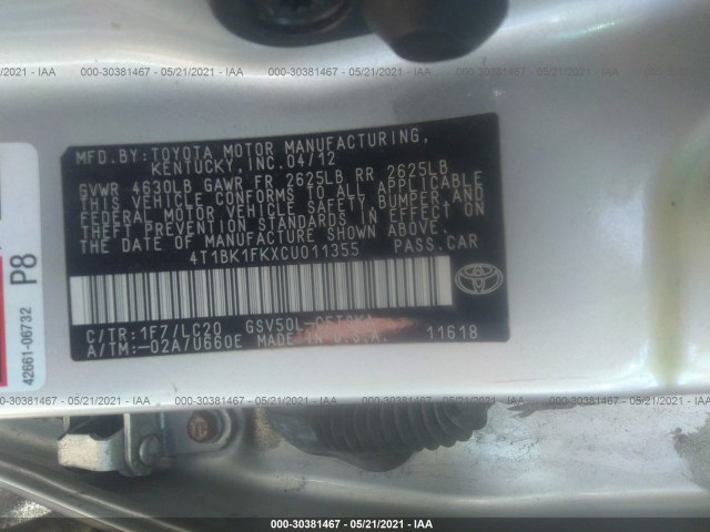 Photo 8 VIN: 4T1BK1FKXCU011355 - TOYOTA CAMRY 