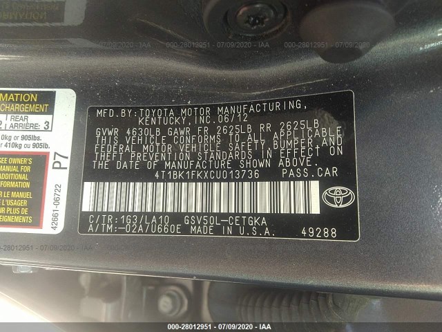 Photo 8 VIN: 4T1BK1FKXCU013736 - TOYOTA CAMRY 