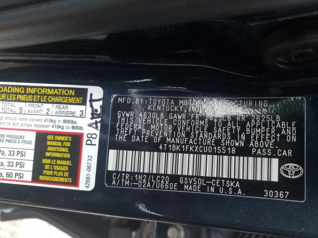 Photo 9 VIN: 4T1BK1FKXCU015518 - TOYOTA CAMRY SE 