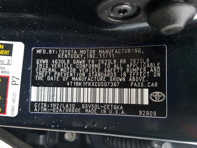 Photo 9 VIN: 4T1BK1FKXCU507367 - TOYOTA CAMRY SE 