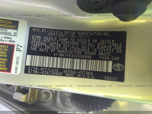 Photo 8 VIN: 4T1BK1FKXCU508986 - TOYOTA CAMRY 