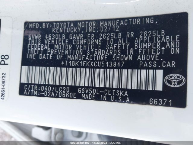 Photo 8 VIN: 4T1BK1FKXCU513847 - TOYOTA CAMRY 