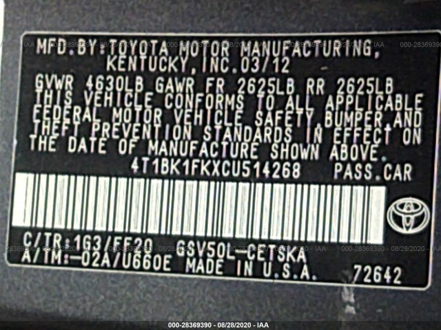 Photo 8 VIN: 4T1BK1FKXCU514268 - TOYOTA CAMRY 