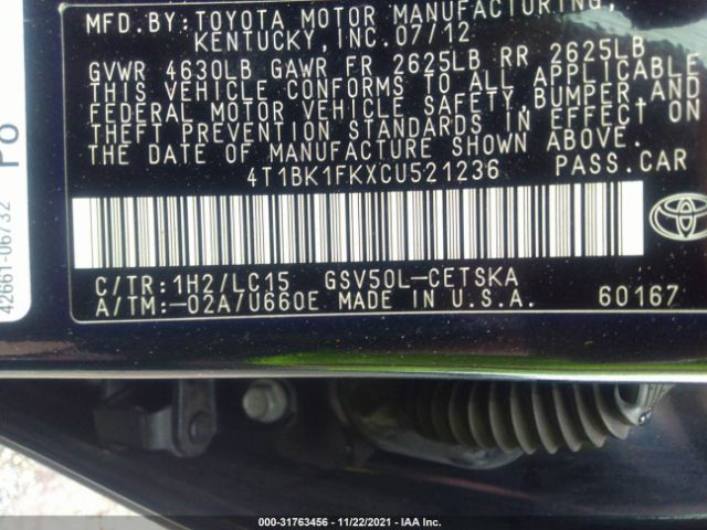 Photo 8 VIN: 4T1BK1FKXCU521236 - TOYOTA CAMRY 