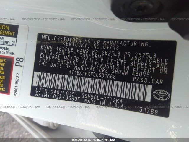 Photo 8 VIN: 4T1BK1FKXDU531668 - TOYOTA CAMRY 