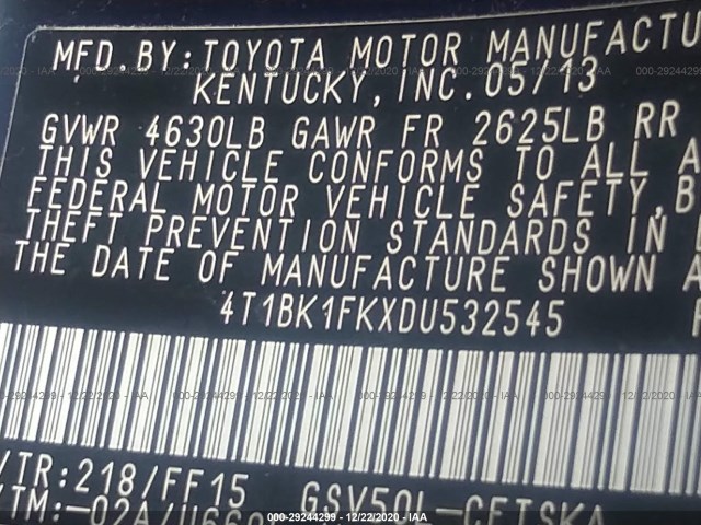 Photo 8 VIN: 4T1BK1FKXDU532545 - TOYOTA CAMRY 