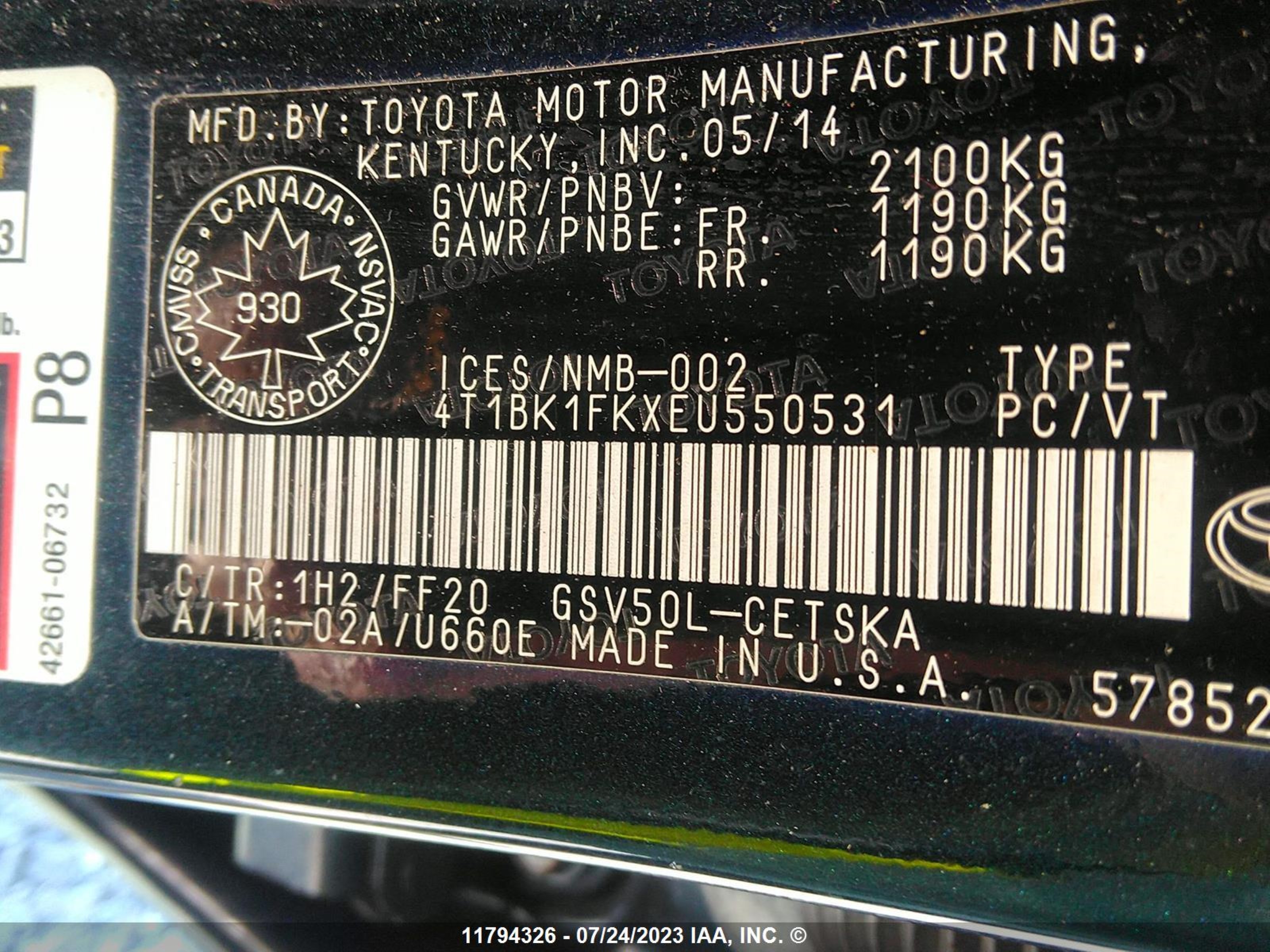 Photo 8 VIN: 4T1BK1FKXEU550531 - TOYOTA CAMRY 