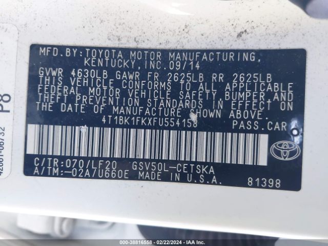 Photo 8 VIN: 4T1BK1FKXFU554158 - TOYOTA CAMRY 