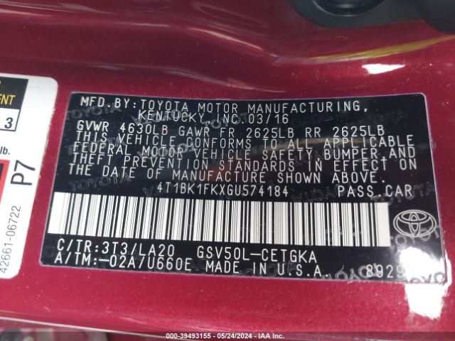 Photo 8 VIN: 4T1BK1FKXGU574184 - TOYOTA CAMRY 