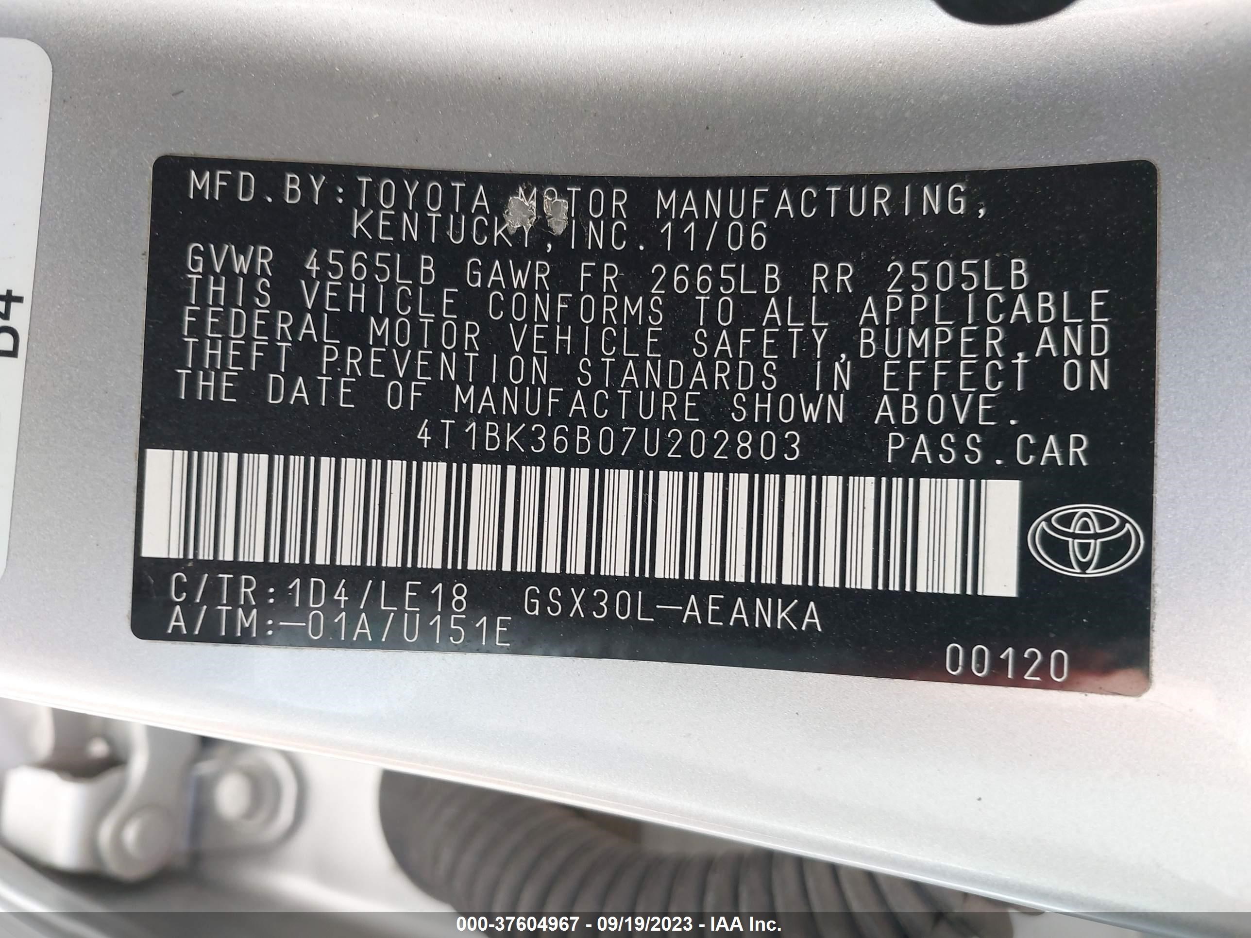 Photo 8 VIN: 4T1BK36B07U202803 - TOYOTA AVALON 