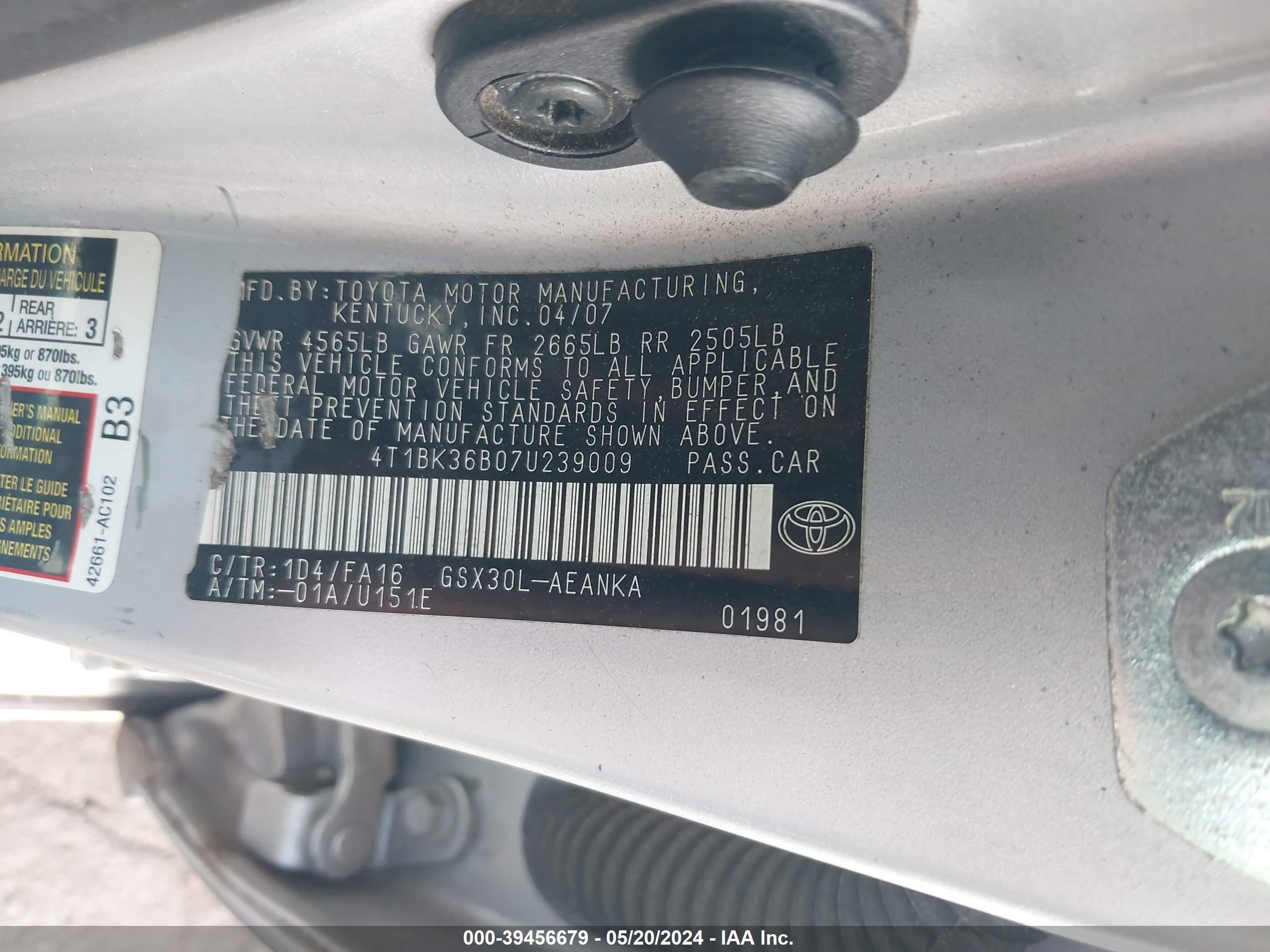 Photo 8 VIN: 4T1BK36B07U239009 - TOYOTA AVALON 